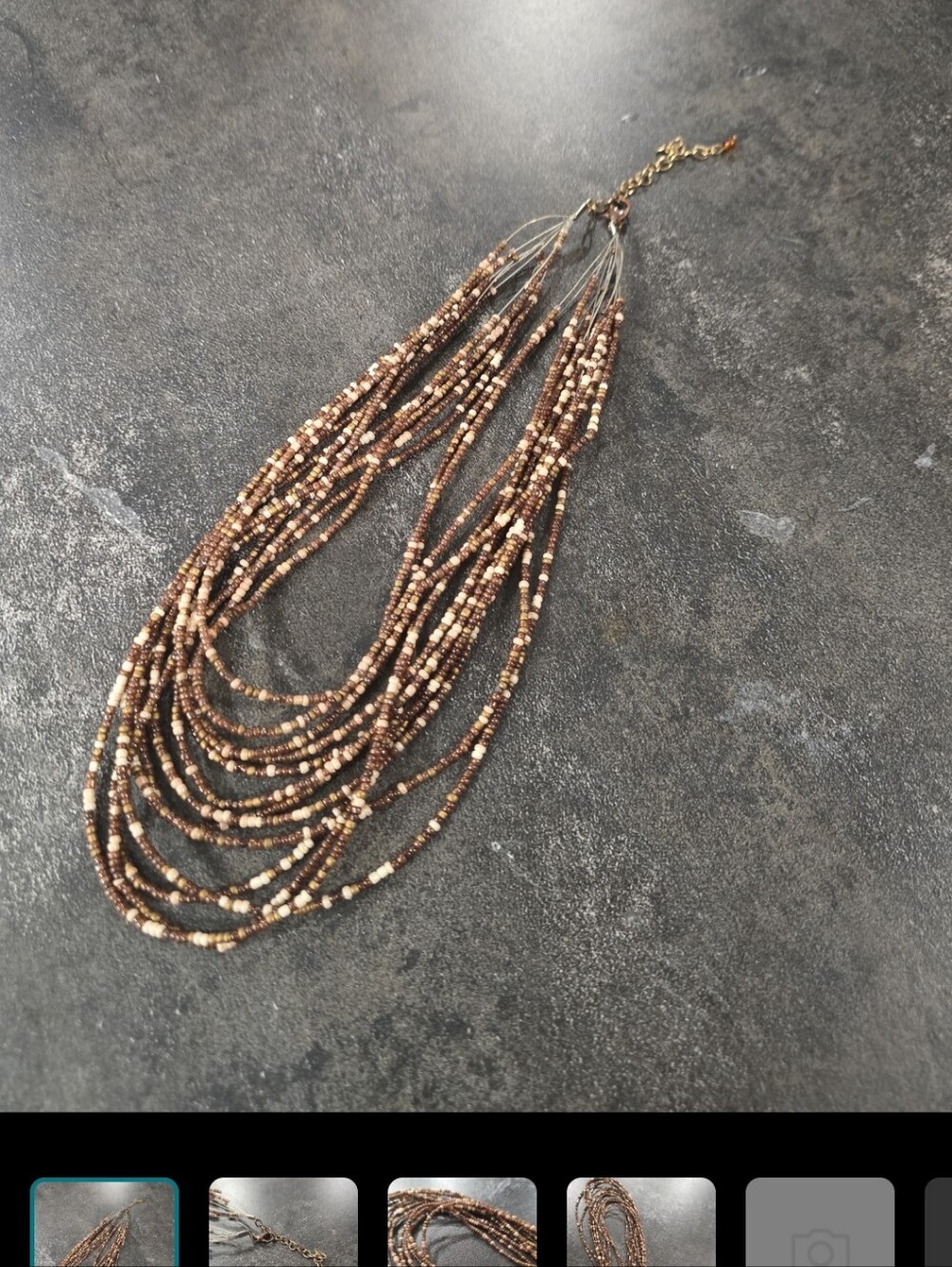 Vintage Multi Strand Brown Seed Bead Necklace Gold Tone Lobster Clasp Extender